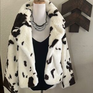 Stoosh Faux Fur Teddy Jacket in White and Brown Cow Print